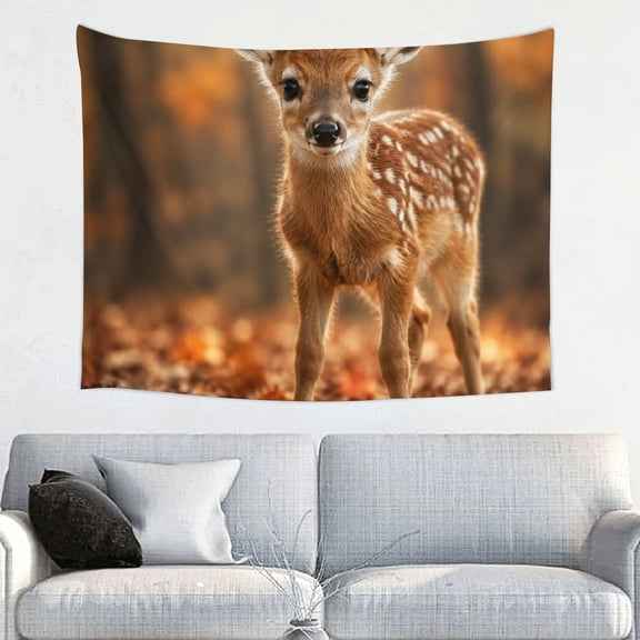 Fawn Standing In Autumn Leaves Tapestry Wall Hanging, 100% Polyester  Polyester Fabric Wall Hanging Decor,  Printed Tapestries for Bedroom Dorm Living Room Office Apartment Home .