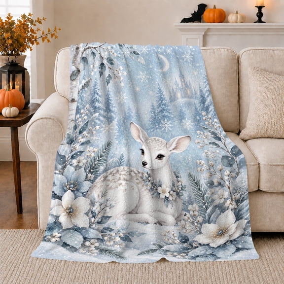 Fawn Winter Woodland Tranquil Christmas Deer Snowflake, Festive Holiday Scene, Warm Flannel Blanket for Cabin and Lodge, Art Lovers Christmas Gift, Festive Home Decor