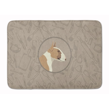 Fawn and White Bull Terrier In the Kitchen Machine Washable Memory Foam Mat