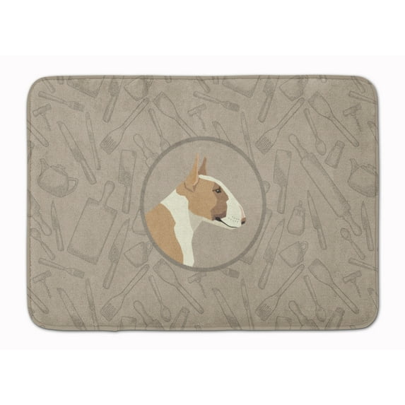 Fawn and White Bull Terrier In the Kitchen Machine Washable Memory Foam Mat