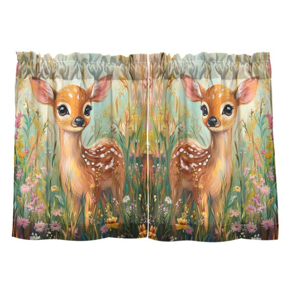 Fawn in Flower Field Kitchen Curtains Tier Set 27x24 Inch 2 Panels Semi Sheer Light Filtering Privacy UV Protection