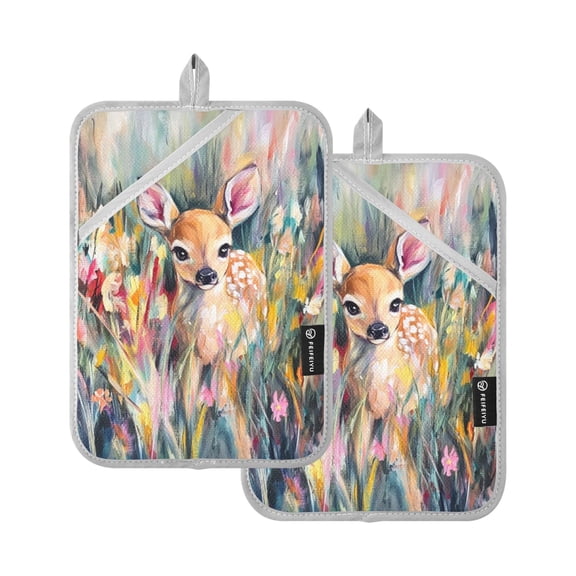 Fawn in Wildflowers 7x9.8in Pot Holder Set Heat-Resistant Oven Hot Pads Durable with Storage Loop