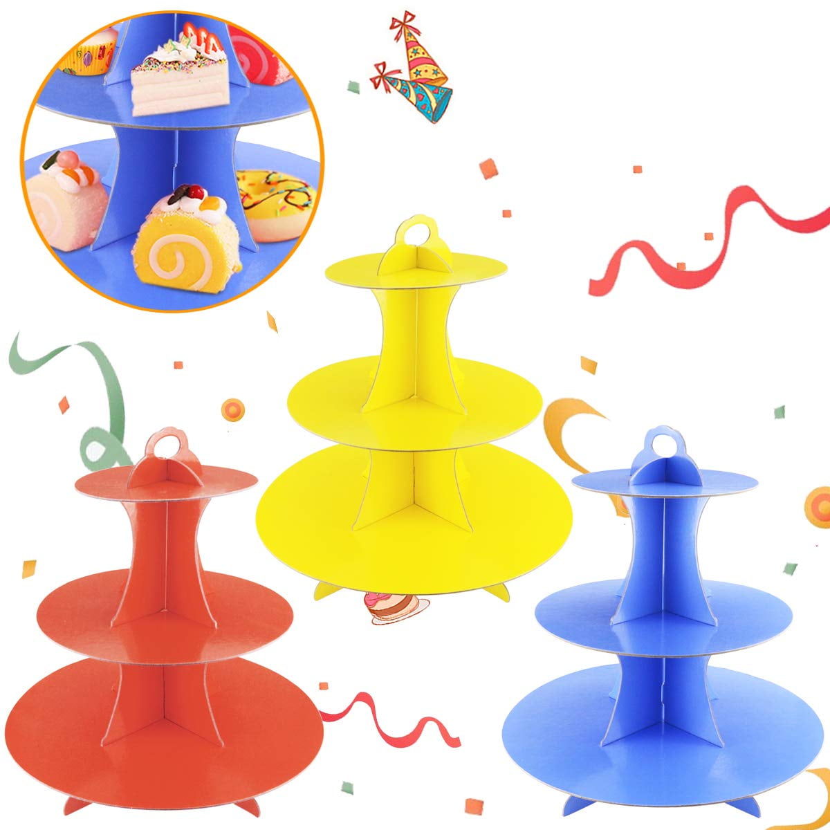 Faxco 3 Pack 3Tier Colorful Round Cardboard Cup Cake Holder Stand
