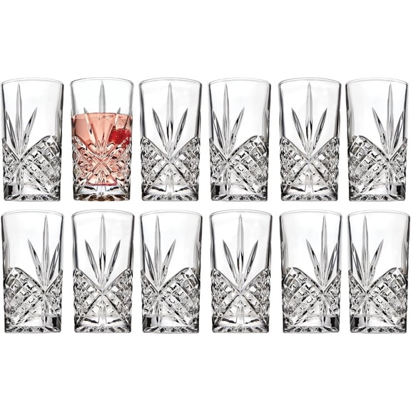 Faye 13oz Highball Glasses, 6pc Tall Glass Sets. Lead-Free Crystal Drinking Glasses. Water Glasses, Mojito Glass Cups, Tom Collins Bar Glassware, and Mixed Drink Cocktail Glass Set