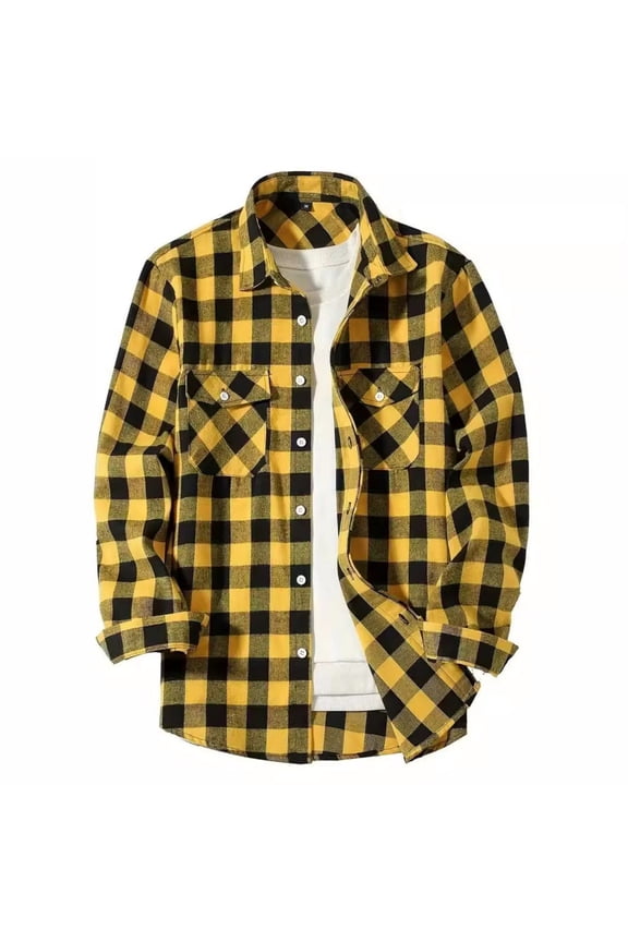 Boys and Men's Flannel Plaid Long Sleeve Casual Button Down Shirts Soft & Warm Plaid Flannel Machine Washable Yellow XXL