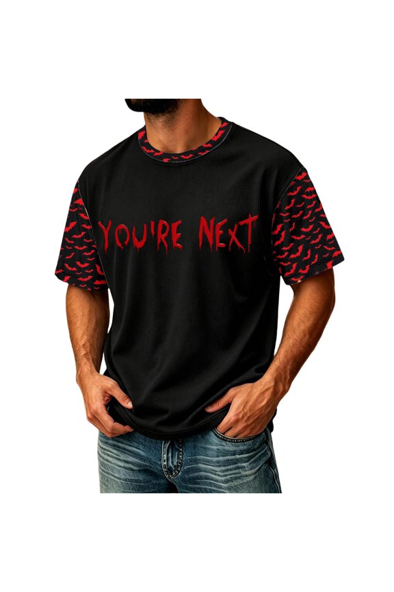 Men Corduroy Crew Neck Lightweight Breathable Short Sleeve Top with Halloween Letter Print Loose Fit Casual T Shirt for Daily Wear Black XL