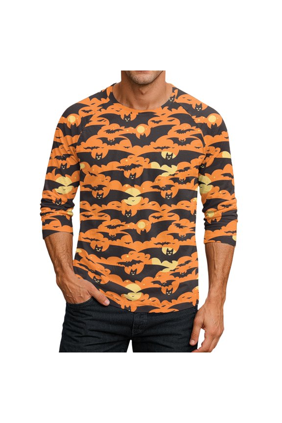 Men Henley Neck Halloween Bat Print Raglan Three Quarter Sleeve Top Casual Loose Fit Shirt for Holiday Party Saffron XL