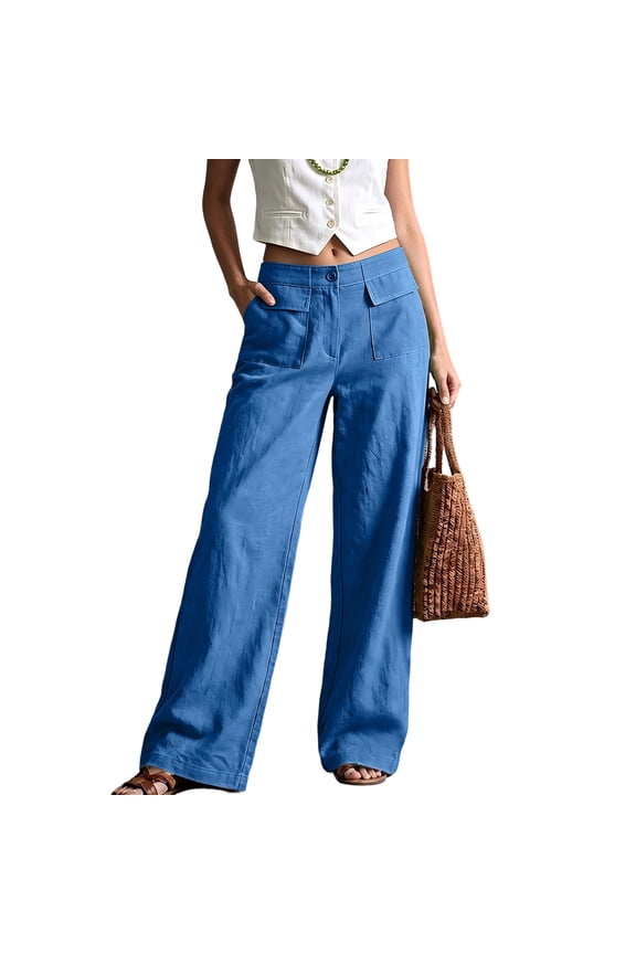Pants For Women Cotton Linen Wide Leg Pants High Waist Elastic Loose Fit Summer Vacation Trousers Blue XXL