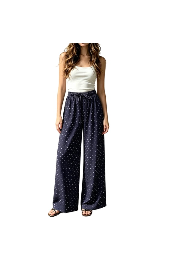 Pants For Women Polka Dot Wide Leg Pants Elastic Drawstring Waist Loose Fit Cotton Linen Casual Vacation Trousers Navy L