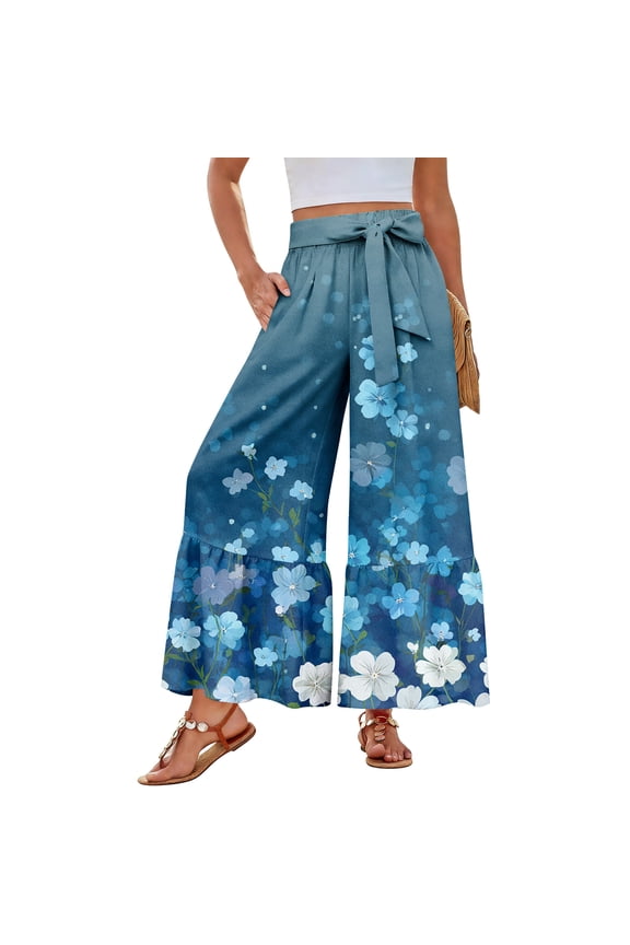 Pants For Women Retro Floral Print Wide Leg Pants High Waist Ruffle Hem Casual Vacation Trousers With Pockets Blue XXL