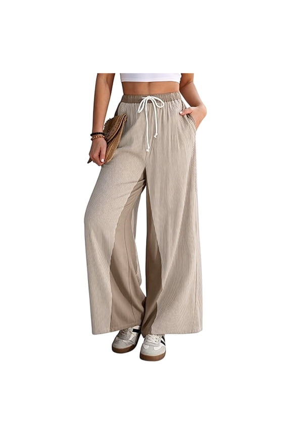 Pants For Women Striped Patchwork Drawstring Pants Loose Fit Casual Summer Beach Vacation Trousers Khaki XXL