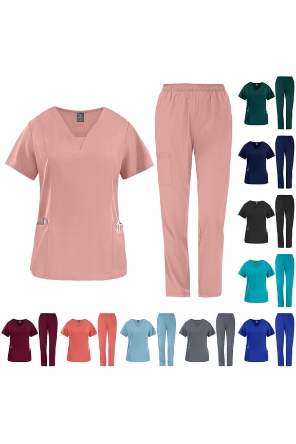 Scrub Sets for Woman Solid Color V-Neck Short Sleeve Long Pants Nurse Uniform with Pock Blue S