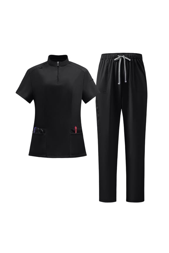 Sets For Women High Neck Quick Dry Scrub Set Short Sleeve Top With Pockets Straight Leg Pants Uniform Black XXL