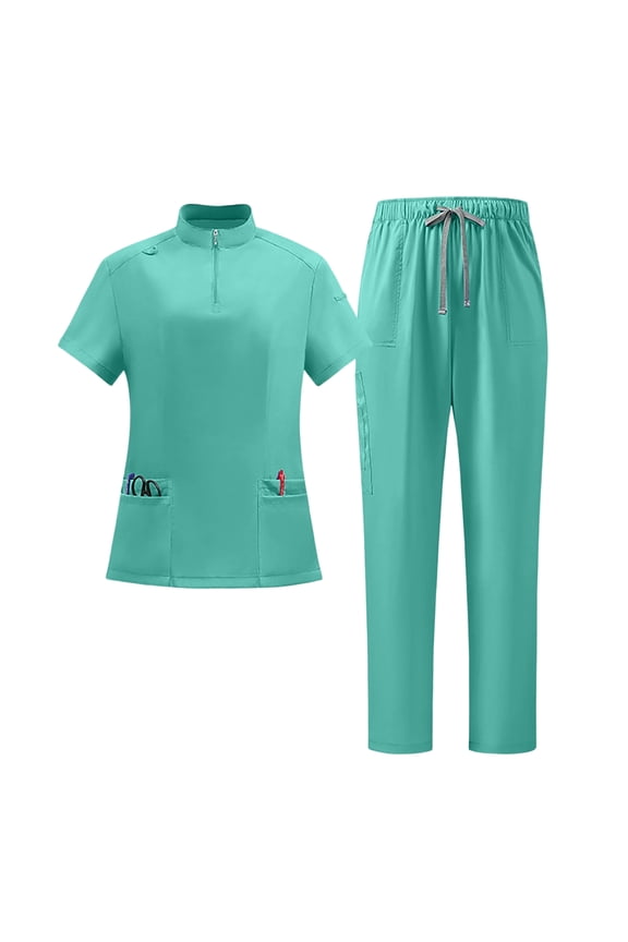 Sets For Women High Neck Quick Dry Scrub Set Short Sleeve Top With Pockets Straight Leg Pants Uniform Cyan XL