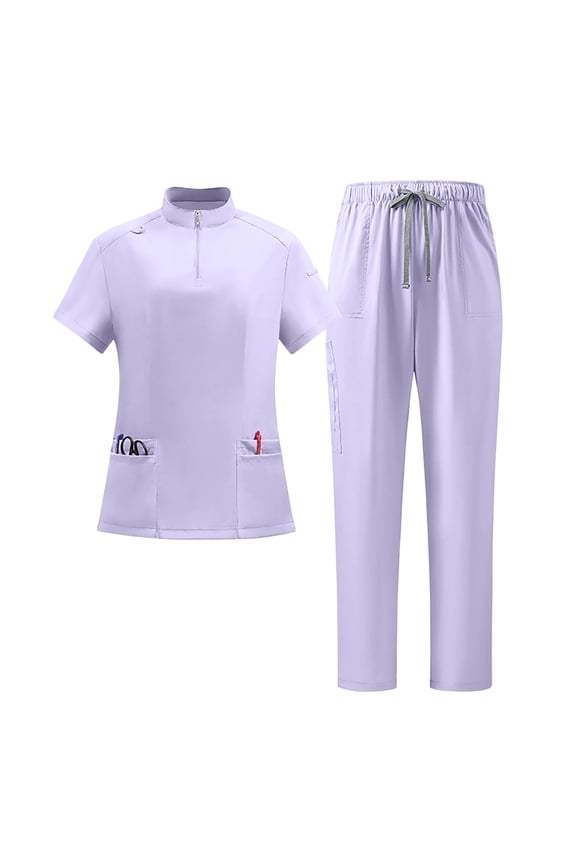 Sets For Women High Neck Quick Dry Scrub Set Short Sleeve Top With Pockets Straight Leg Pants Uniform Light Purple M