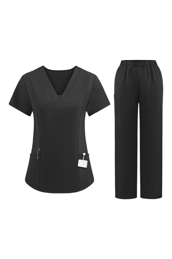 Sets For Women Quick Dry Scrub Set With Pockets V Neck Short Sleeve Elastic Waist Pants Medical Uniform Black XXL