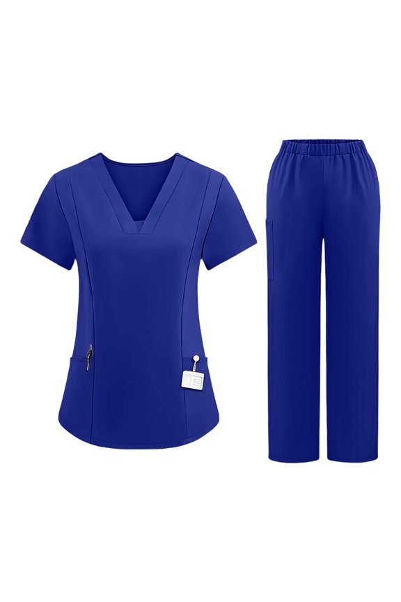 Sets For Women Quick Dry Scrub Set With Pockets V Neck Short Sleeve Elastic Waist Pants Medical Uniform Royal Blue M