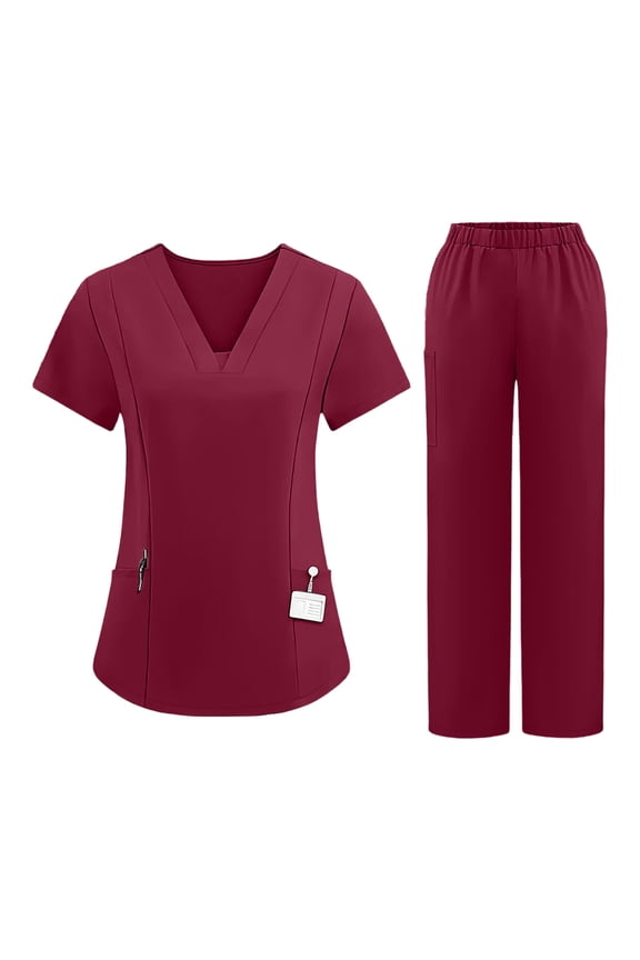 Sets For Women Quick Dry Scrub Set With Pockets V Neck Short Sleeve Elastic Waist Pants Medical Uniform Wine M