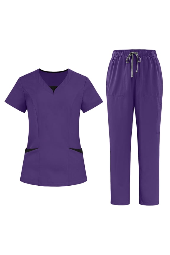 Sets For Women Stretch Scrub Set Short Sleeve V Neck Top With Pockets Pants Set Quick Dry Two Piece Uniform Dark Purple L