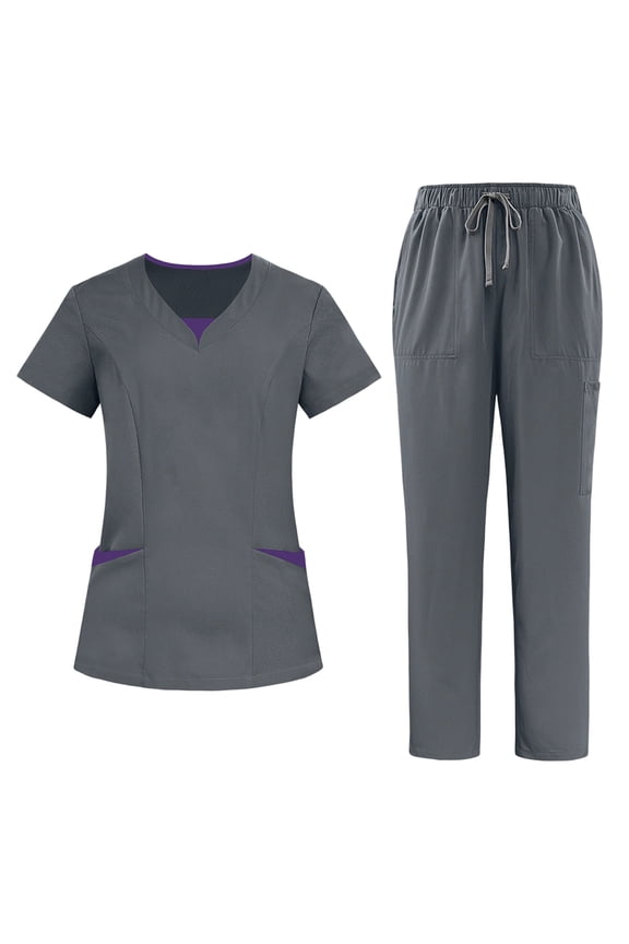 Sets For Women Stretch Scrub Set Short Sleeve V Neck Top With Pockets Pants Set Quick Dry Two Piece Uniform Gray XXL
