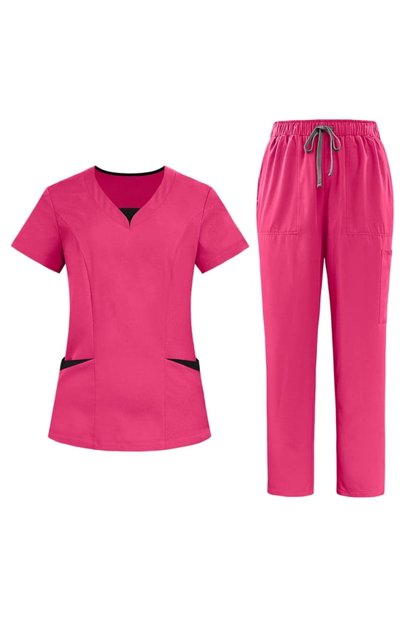 Sets For Women Stretch Scrub Set Short Sleeve V Neck Top With Pockets Pants Set Quick Dry Two Piece Uniform Hot Pink L