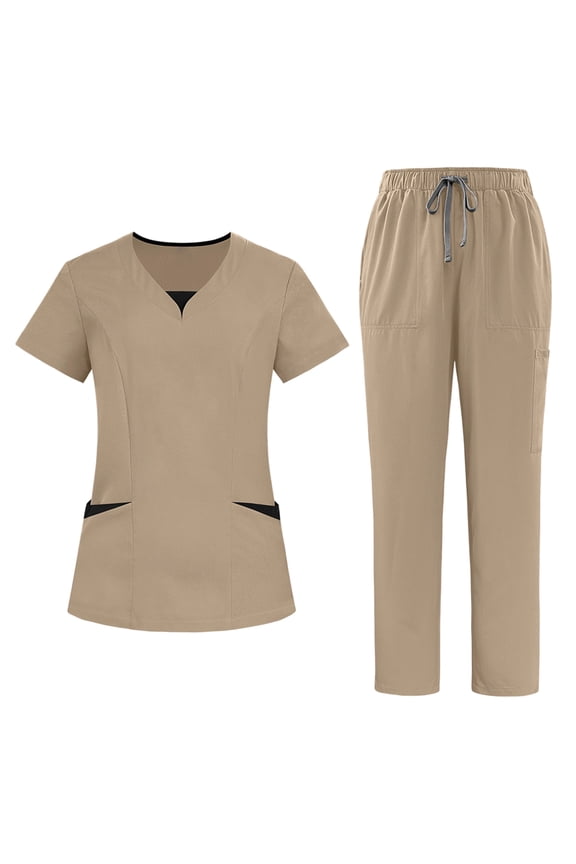 Sets For Women Stretch Scrub Set Short Sleeve V Neck Top With Pockets Pants Set Quick Dry Two Piece Uniform Khaki M