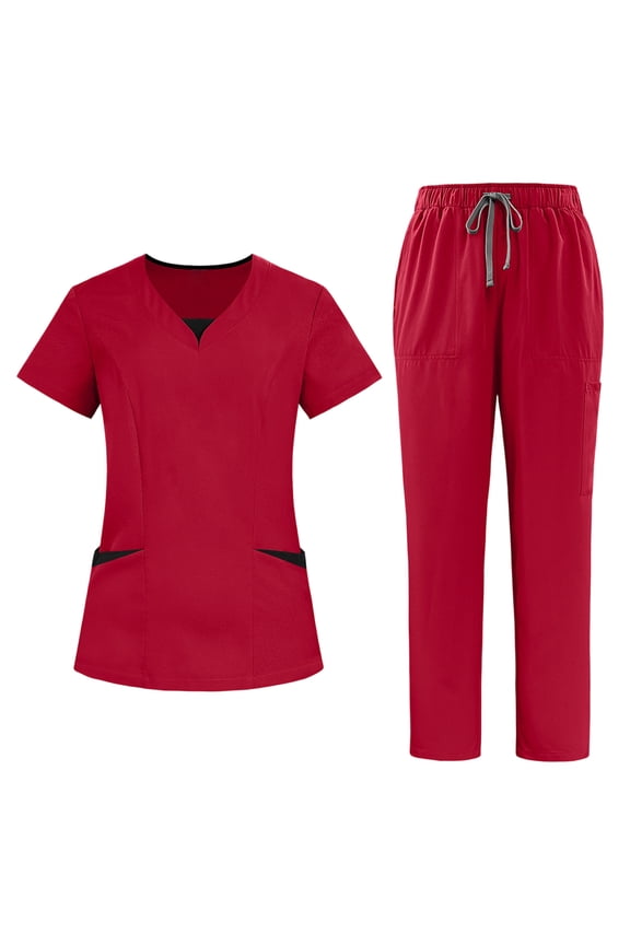 Sets For Women Stretch Scrub Set Short Sleeve V Neck Top With Pockets Pants Set Quick Dry Two Piece Uniform Red L