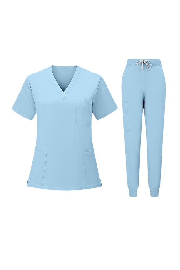 Sets For Women V Neck Stretch Scrub Set With Pockets Straight Leg Pants Quick Dry Nursing Uniform Light Blue L