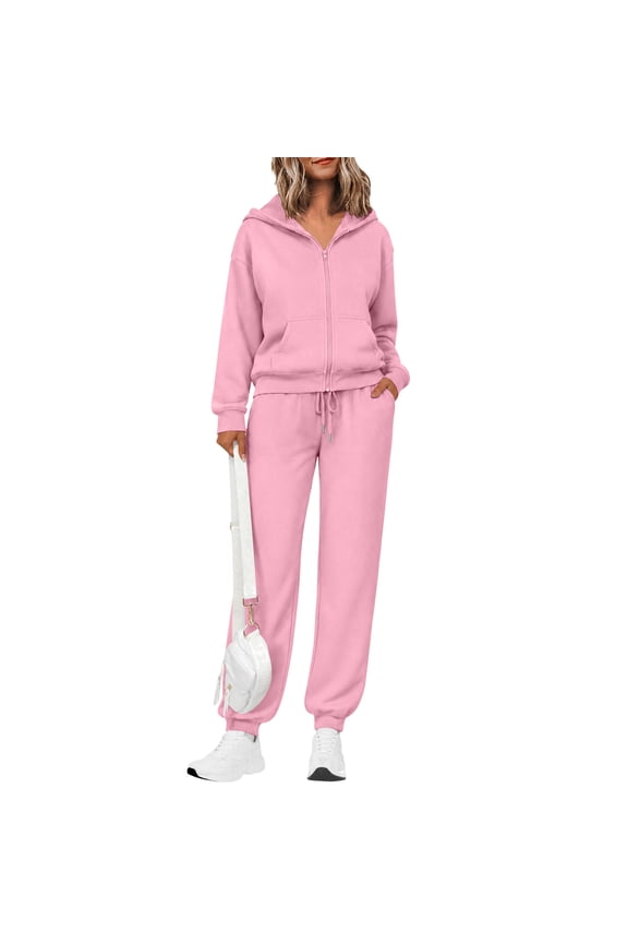 Sets For Women Zip Up Hoodie Jogger Set Soft Cotton Casual Two Piece Track Suit Pink XXL