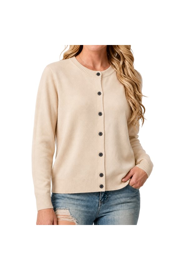 Womens Casual Knit Cardigan Round Neck Lightweight Breathable Soft Everyday Layering Top Beige XL