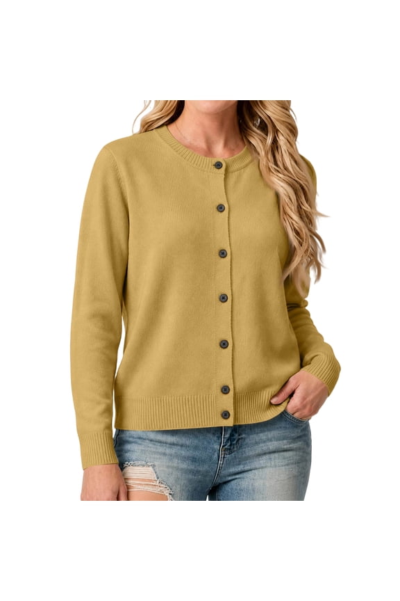 Womens Casual Knit Cardigan Round Neck Lightweight Breathable Soft Everyday Layering Top Camel M