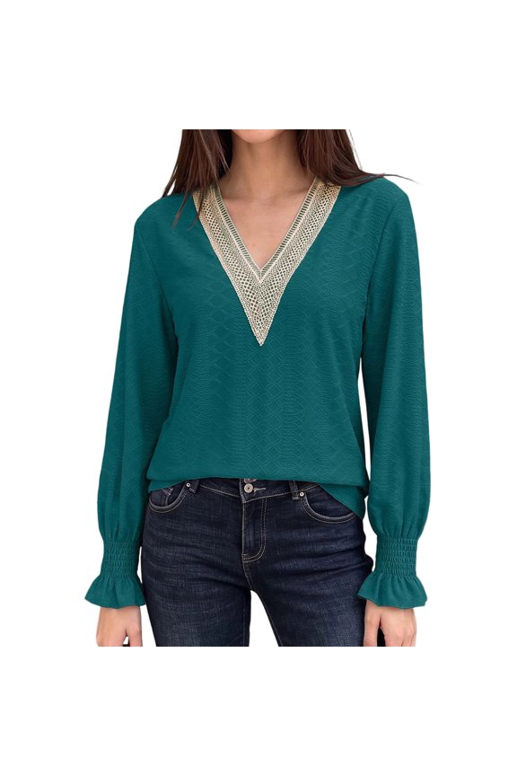 Womens Smocked V Neck Long Sleeve Top With Lace Trim Loose Fit Casual Daily Tops For Spring And Fall Dark Green M