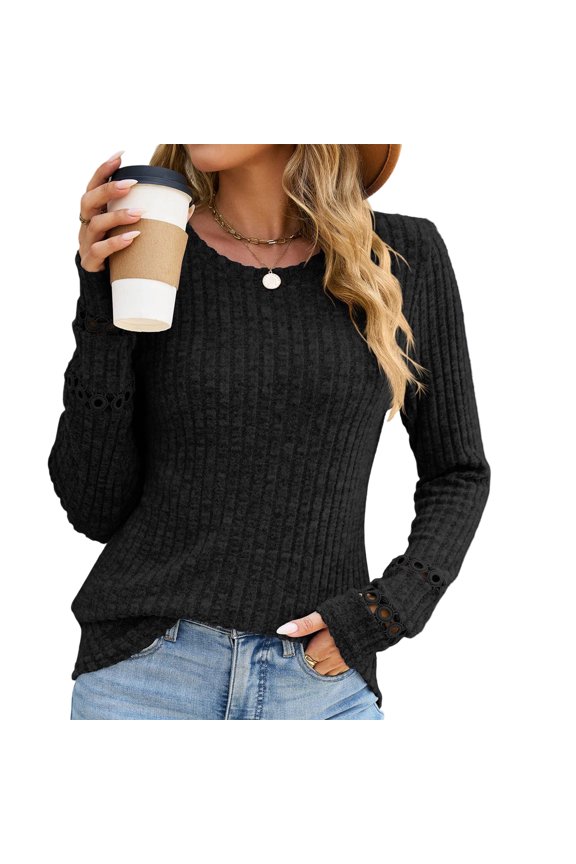 Womens Solid Round Neck Sweater Long Sleeve Loose Fit Soft Lightweight Casual Everyday Top Black L