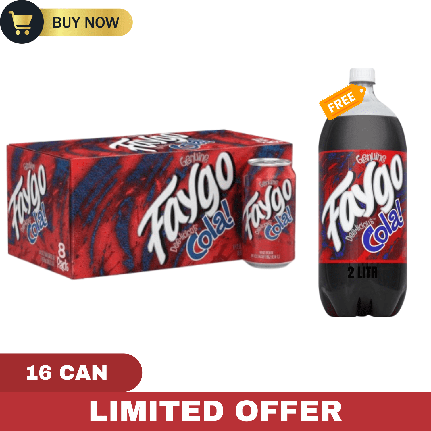 Faygo Cola Soda – 16 Cans (12 fl oz) + FREE 2 Liter Bottle – Classic Cola Flavor & Refreshing Taste