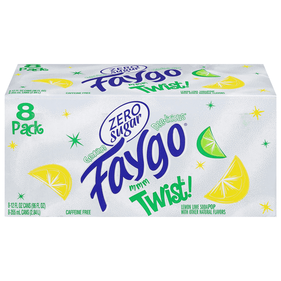 Faygo Zero Sugar Twist! Soda Pop 12 fl oz Cans, 8 Pack Caffeine-Free Citrus Soda, Sugar-Free Soft Drink