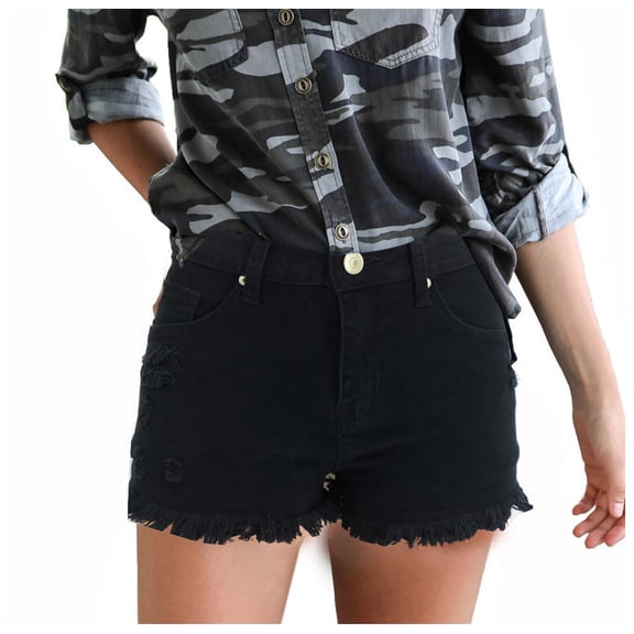 Fayshow0 50% off Clear Stretchy Jeans Shorts for Wome Save Up under 50% Women's Stretchy Denim High-Waist Shorts Frayed Ripped Shorts with Pockets Pants(Black,L)