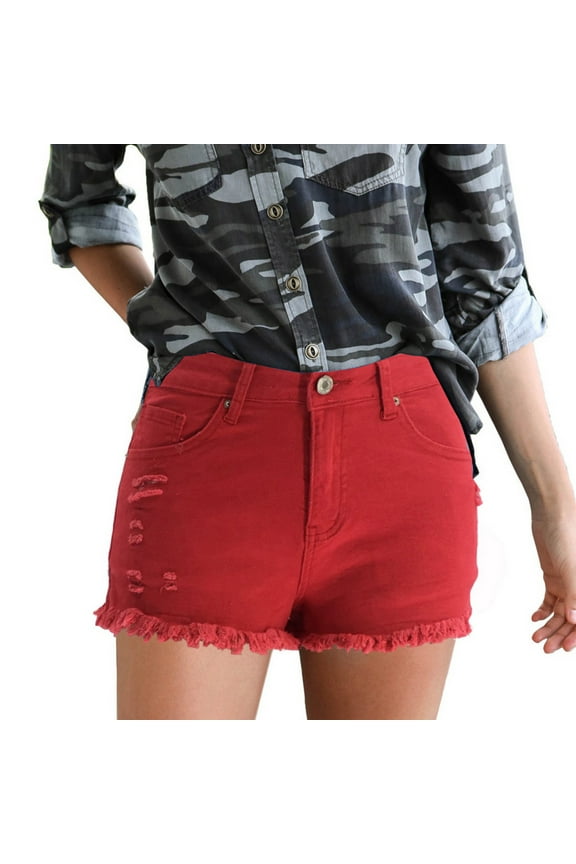 50% off Clear Stretchy Jeans Shorts for Wome Save Up under 50% Women's Stretchy Denim High-Waist Shorts Frayed Ripped Shorts with Pockets Pants(Red,M)
