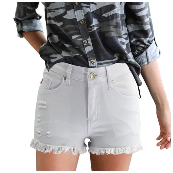 Fayshow0 50% off Clear Stretchy Jeans Shorts for Wome Save Up under 50% Women's Stretchy Denim High-Waist Shorts Frayed Ripped Shorts with Pockets Pants(White,L)