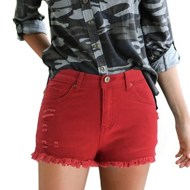 Fayshow0 50% off Clear Stretchy Jeans Shorts for Wome Save Up under 50% Women's Stretchy Denim High-Waist Shorts Frayed Ripped Shorts with Pockets Pants(Red,XXL)