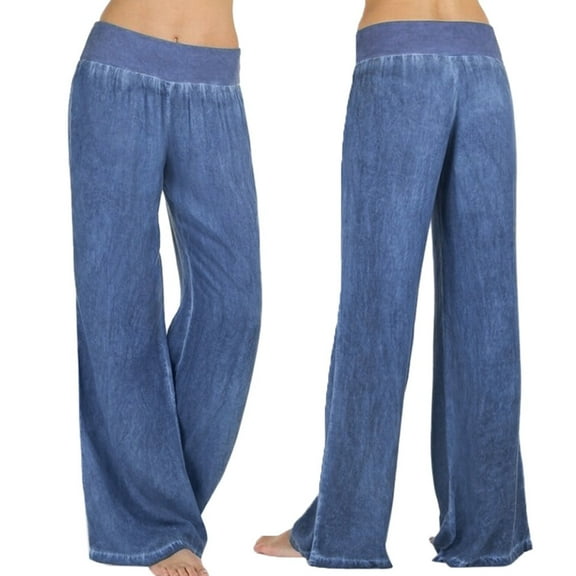 Fayshow0 Best Selller Elastic Waisted Wide Leg Jeans Pants Women Casual High Waist Elasticity Wide Leg Pants Trousers, Blue L