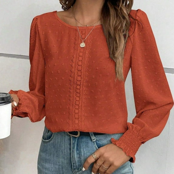 Fayshow0 Blouses 3/4 Sleeve V Neck Shirts Tops Save Up under 50% Women's Casual Solid Color Lace Patchwork Long Sleeved Round Neck Top/shirt,Orange XXL