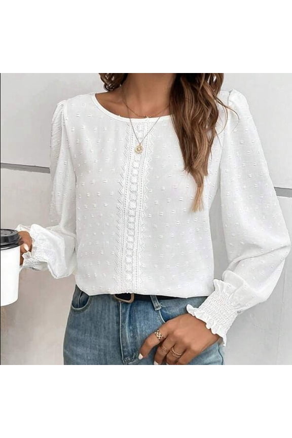 Blouses 3/4 Sleeve V Neck Shirts Tops Save Up under 50% Women's Casual Solid Color Lace Patchwork Long Sleeved Round Neck Top/shirt,White S