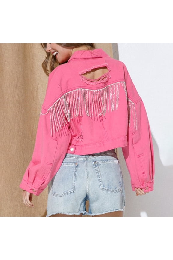 Blue Jean Jackets for Women Plus Size Fashion Women Casual Pockets Button Solid Long Sleeve Tops Jacket Coat,Pink L