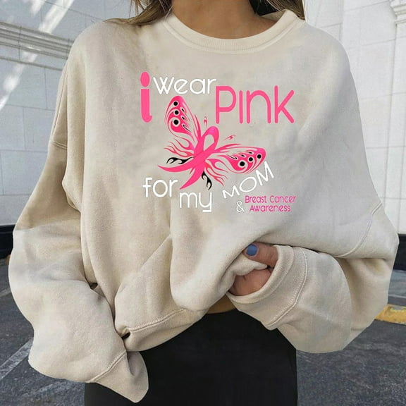 Fayshow0 Breast Cancer Awareness Accessories T Shirts Save Up under 50% Breast Fashion Women's Casual Long Sleeve Printed Ladies Short Sweatshirts Tops,Beige XXL