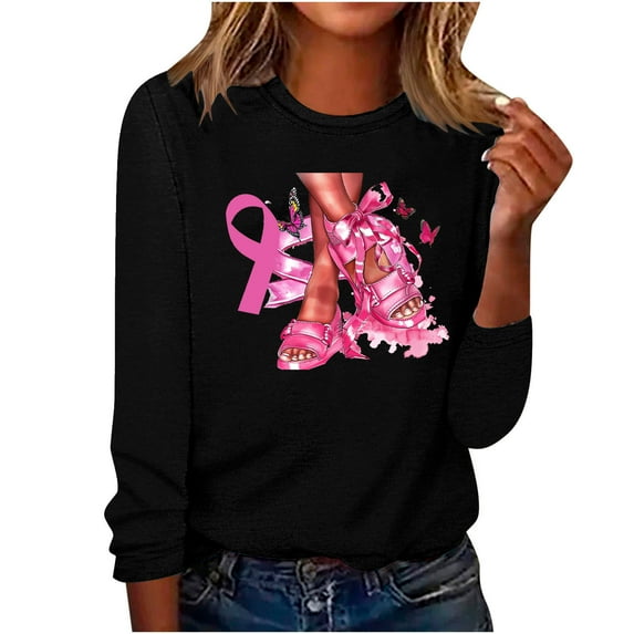 Fayshow0 Breast Cancer Shirts for Women Gifts Women's Casual Fashions Solid Color Long Sleeve Blouse Round Neck Tops T-Shirt Black