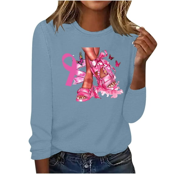 Fayshow0 Breast Cancer Shirts for Women Gifts Women's Casual Fashions Solid Color Long Sleeve Blouse Round Neck Tops T-Shirt Blue