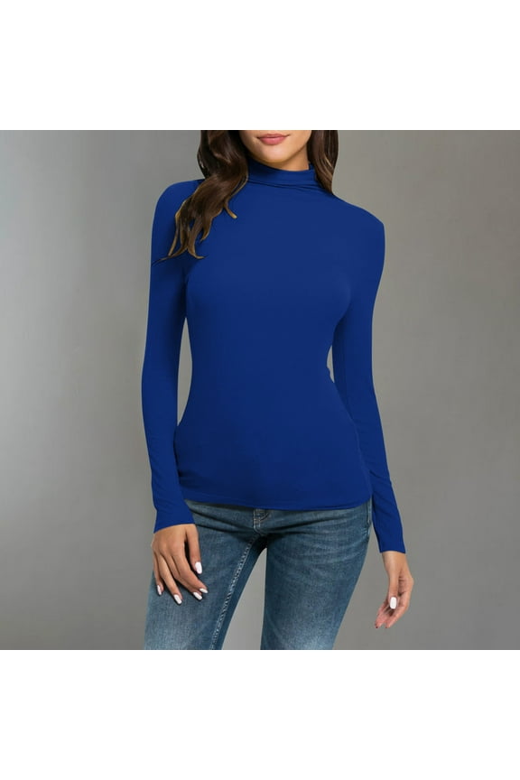 Casual Loose Fit Crewneck T-Shirts Easy Care Fashion Womens Solid Color Turtleneck Long Sleeve Knitting Tshirt Slim Blouse Tops,Blue M