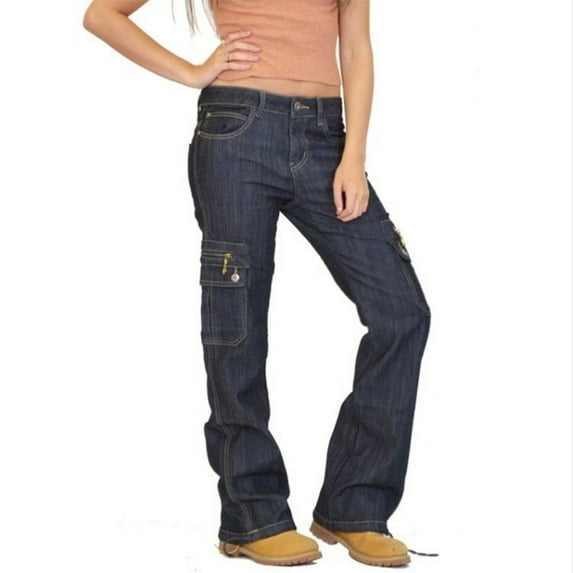 Fayshow0 Clearance Under $16 Womens Jeans High Waisted Women's Cargo Jeans Low Waist With Pockets Straight Leg Jeans Trousers Plus Size