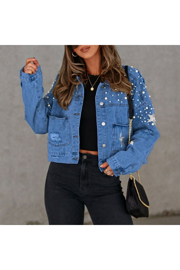 Clearance under $10 Women'S Stretch Denim Jacket Women's Jean Jacket Frayed Washed Button Denim Jacket With Pockets,Blue L