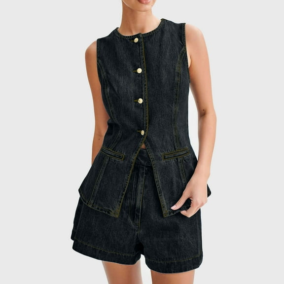 Fayshow0 Up to 50% off Jean Jackets for Women 2025 Women's Fashionable Casual Solid Color Distressed Sleeveless And Hooded Denim Jacket/jacket,Dark Blue M